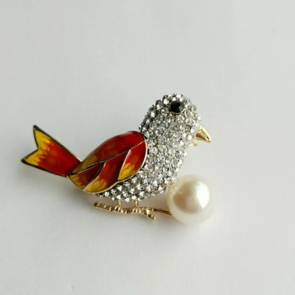NEW Genuine Freshwater Pearl Crystal and Enamel Bird Brooch